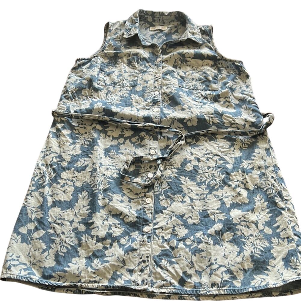 Pink Rose Size L Blue Floral Print Chambray Shirt Dress with Belt - Picture 4 of 10